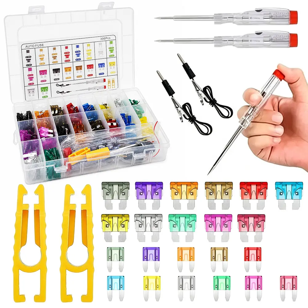 Plastic Assorted Car Blade Fuse Kit with Organized Box, Fuse Puller, Circuit Tester Probe - Mechanics’ Tools for Cars/Trucks/RVs Electrical Circuit Repair