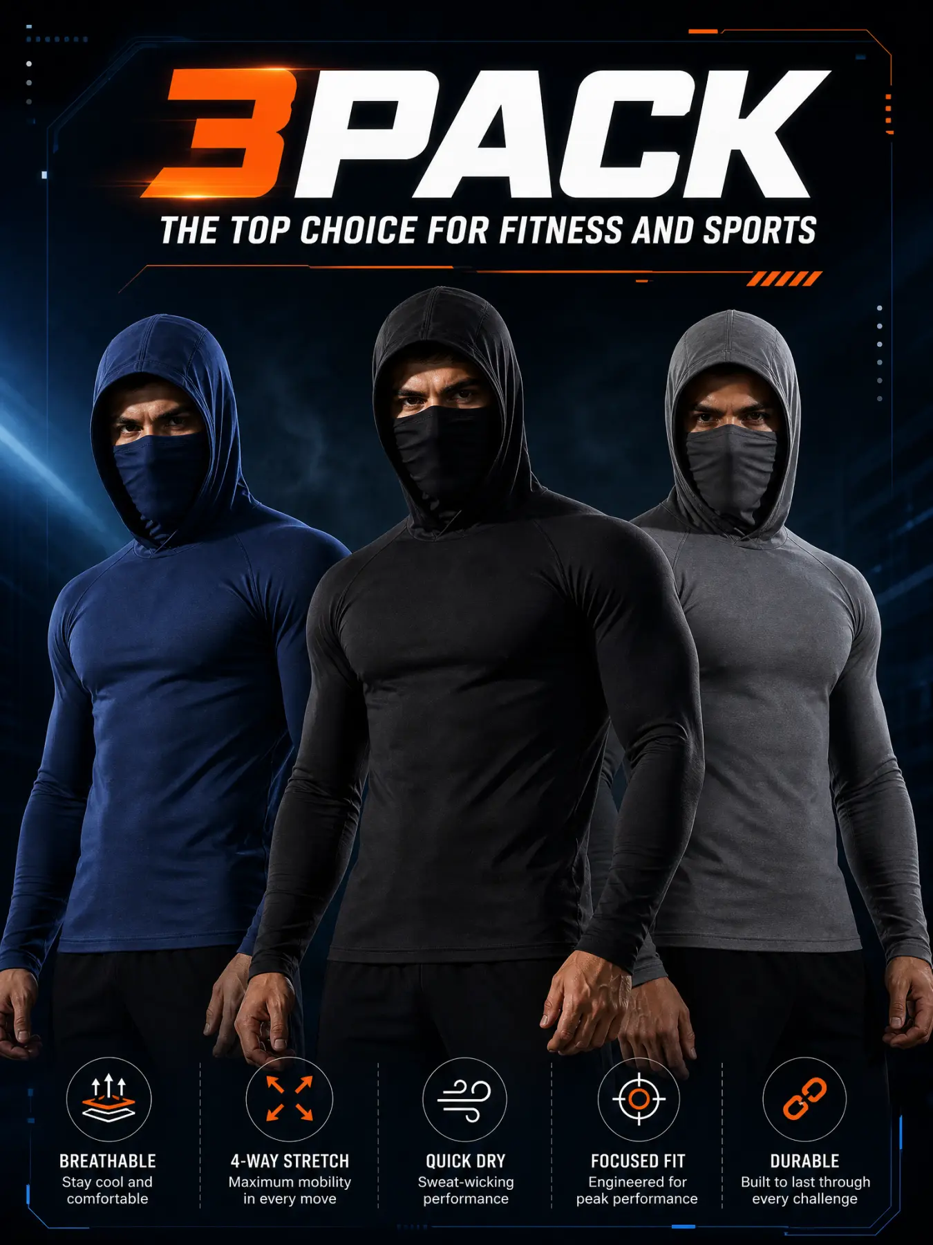 6-Pack Mens Thermal Breathable Workout Hoodies with Built-in Face Cover, Fast Drying Compression Long Sleeve Tops, Durable Easy Care Apparel for Running, Motorcycle Riding and Gym Exercise