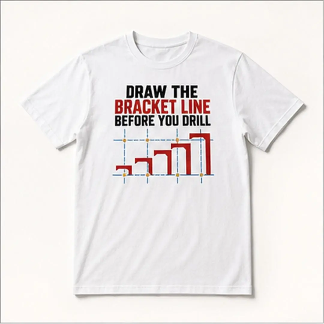 DRAW THE BRACKET LINE BEFORE YOU DRILL Men's White Graphic T-Shirt Short Sleeve Crew Neck Cotton Blend for DIY Dad and Home Improvement Enthusiast, Funny Workshop Humor Tee, Men's Sizing original statement print casual everyday tee