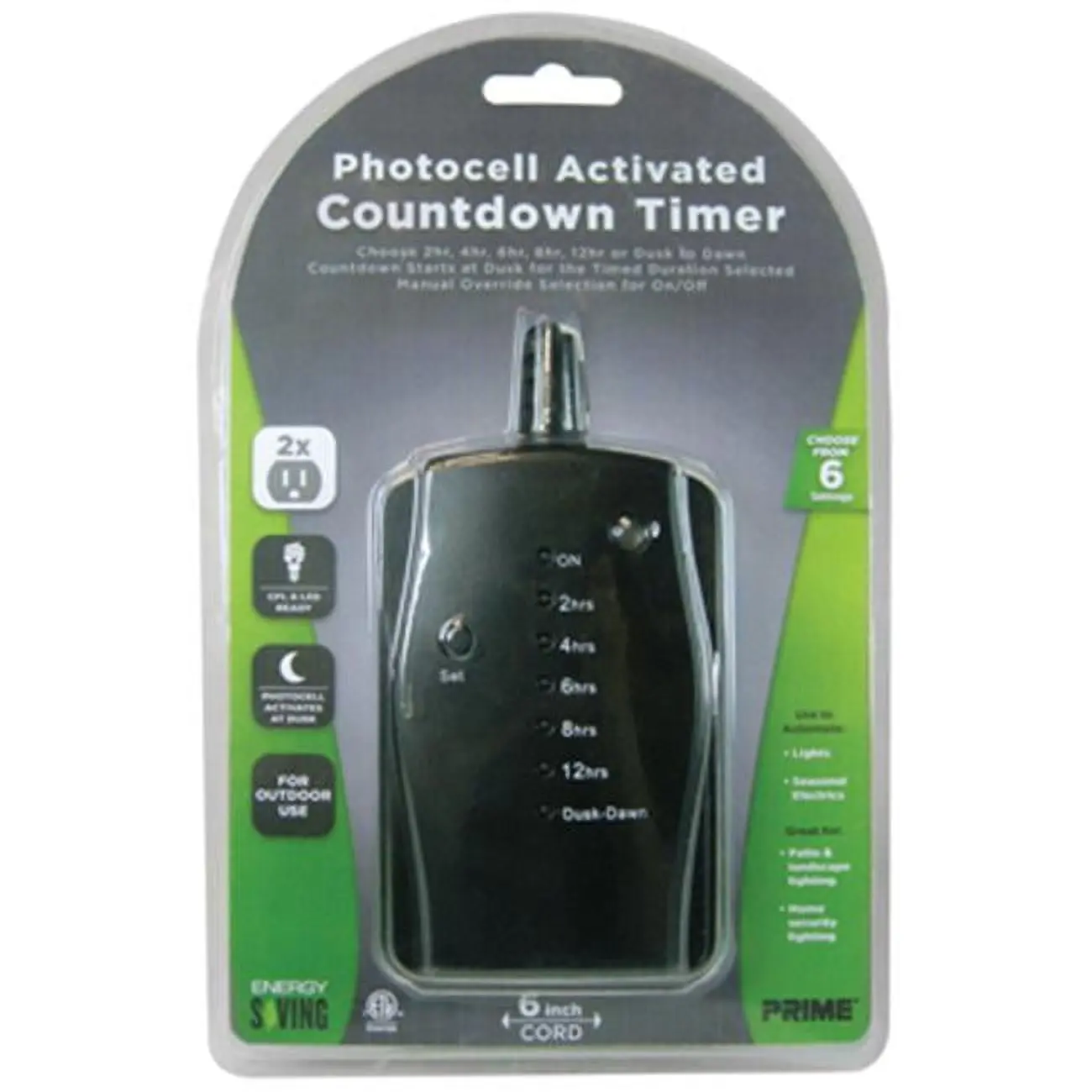 Prime Wire & Cable TNOLED02 Timer Socket - 2 Dual Outlets, Auto Dusk-On Photocell Light, Outdoor Lights Countdown Timer, Black