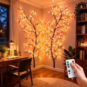 Cherry Blossom Twig Branch LED Wall Lights 63Inch, 72 LEDs Willow Vine Garland with Remote Control and 8 Light Modes, Versatile Holiday & Christmas Decoration for Home Window Door Wall