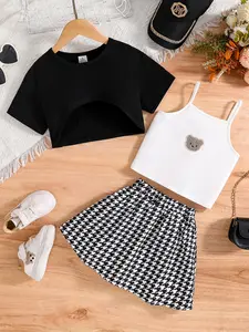 Girls' Summer Casual Set, Knitted Top + Cartoon Print Tank Top + Mesh Elastic Waist Shorts, Youth Fashion for Outdoor Activities