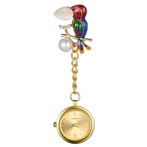 OIDEA Nurse Watch Woodpecker Pin-On Brooch with Faux Enamel Craft, Cat's Eye Stone & Arabic Numeral Dial, Gold Tone, 1ATM
