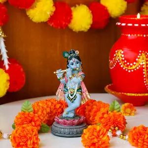 Hindu God Krishna Idol Statue - 5”H Hand-Painted Lord Krishna on Lotus Playing Flute India Murti Item Home Temple Mandir Shrine Altar Pooja Decor Diwali Puja Gifts for Indian Friends