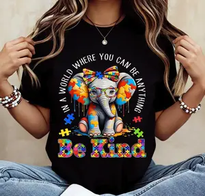 Elephant With Puzzle Pieces And Be Kind Print T Shirt Crew Neck Casual Wear For Women And Girls