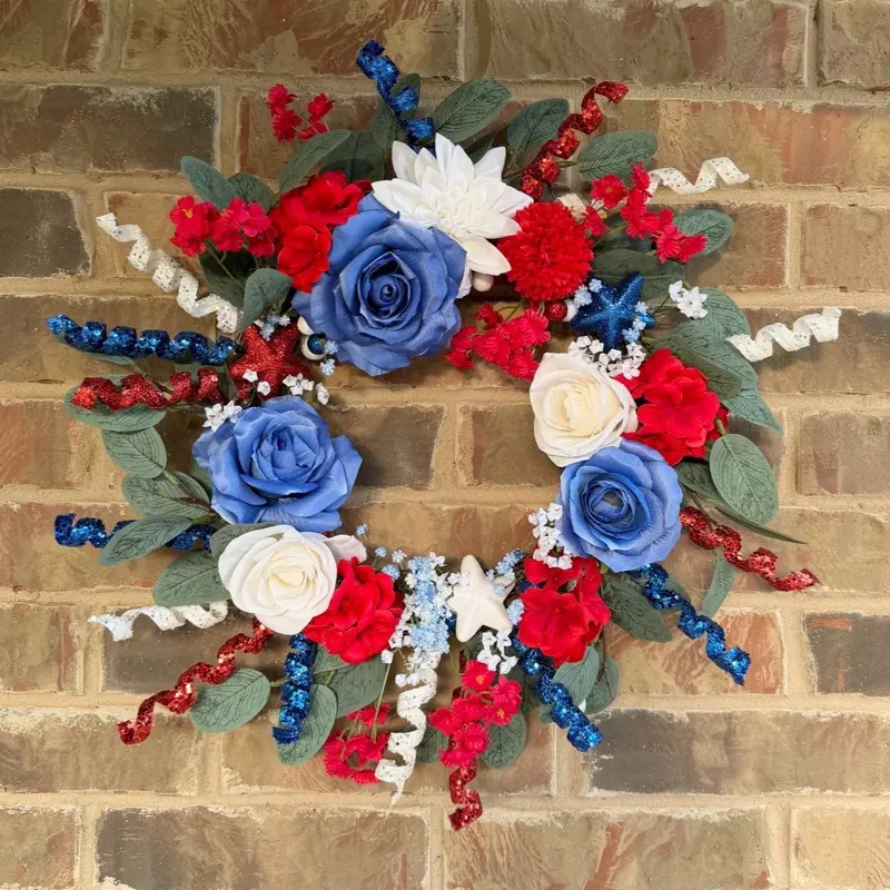 Handcrafted Patriotic Floral Wreath - Red, White, Blue Coastal Americana Farmhouse Decor, Festive Hanging Ornament