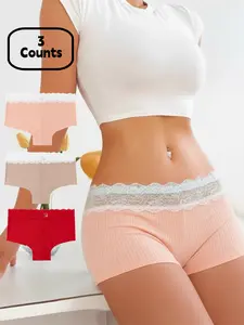 Women's Lace Patchwork Underwear Set, Slim-Fitting Low Waist Panties, Casual All-Season Ladies' Safety Shorts, 3-Pack