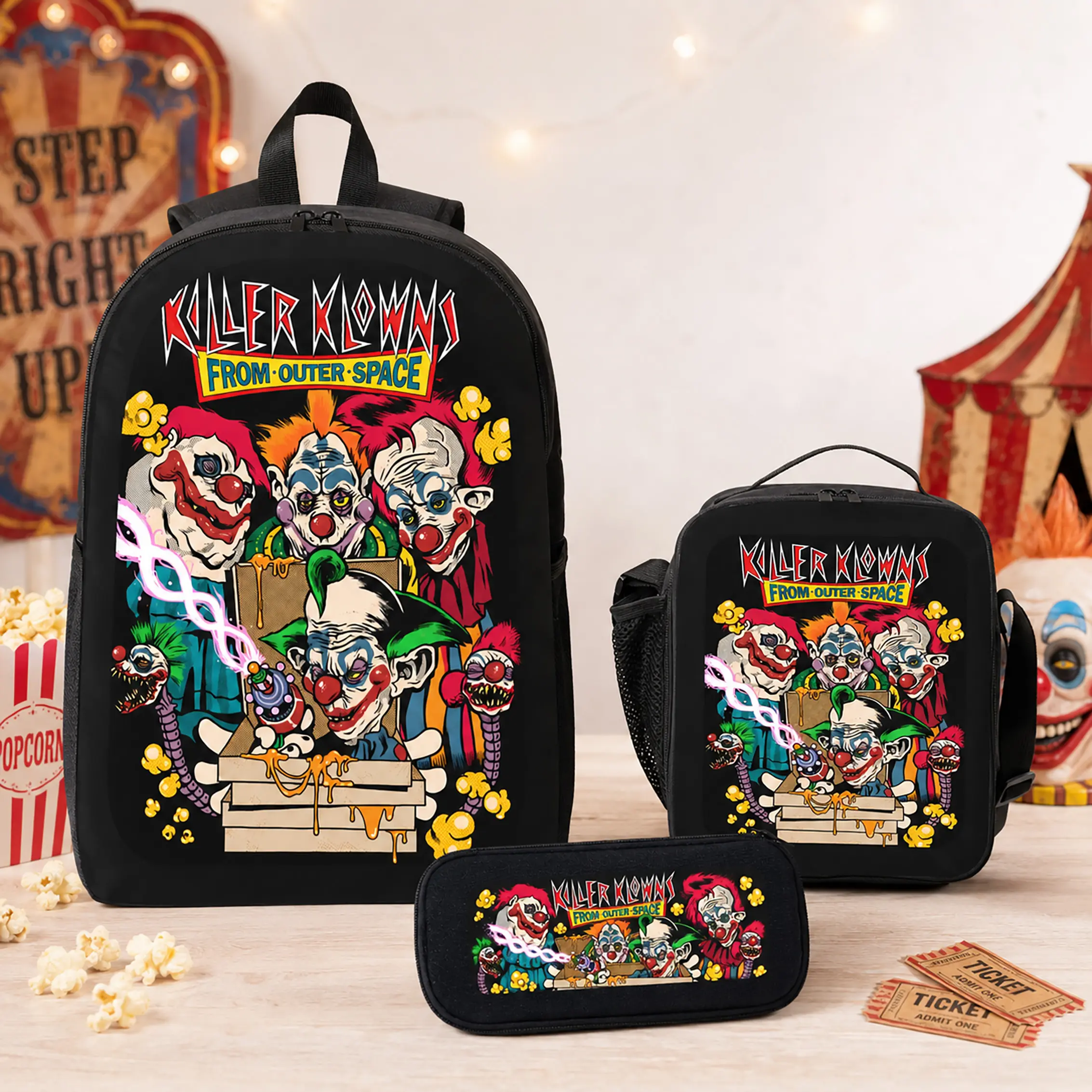 Killer Klowns From Outer Space Horror Clown Backpack Set 3 Piece Polyester Bookbag Lunch Bag Pencil Case School Supplies Spooky Travel Daypack Campus Bag For Kids Teens Students Boys Girls Viral Trend