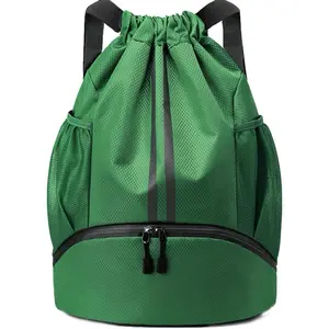 Drawstring Backpack Gym Bag with Shoes Compartment for Soccer, Basketball, Swim, Water-Resistant String Backpack Beach Cinch for Women Men, Dark Green, Medium