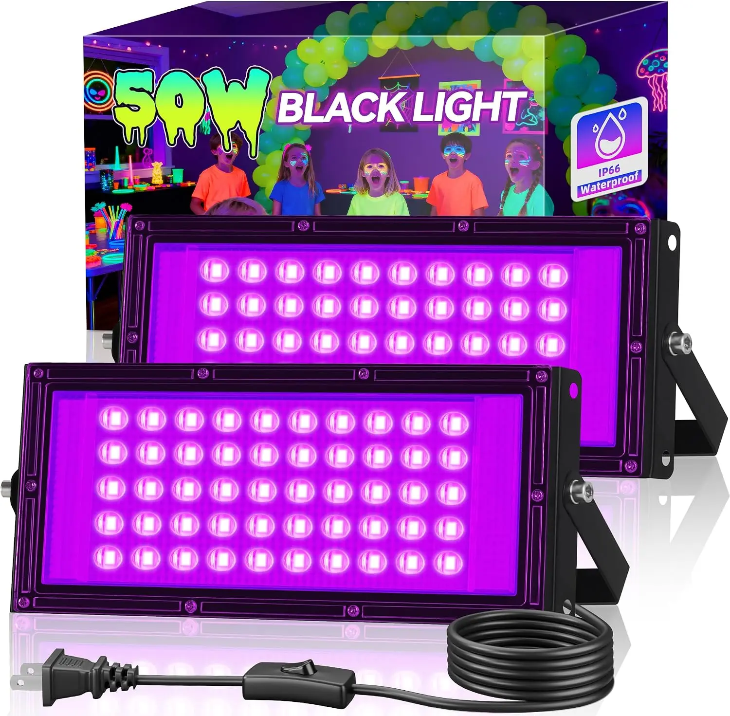2 Pack 100W Black Light IP66 Waterproof for Outdoor Glow Party Halloween | with 6ft Plug+Switch, Blacklights Floodlight for Fluorescent Poster Tapestry, Birthday, Neon Parties, Classroom, Bedroom