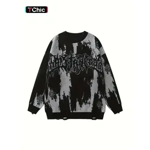 Women's Colorblock & Letter Print Ripped Round Neck Sweater, Casual Drop Shoulder Long Sleeve Jumper, Ladies Knitwear for Fall & Winter Daily Wear（gift）