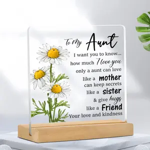 Flower Pattern Acrylic Ornament with Wooden Stand, 1 Count Desktop Decoration, Novelty Desk Decor, Home Decor for Living Room Bedroom Office, Gift for Aunt