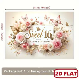 1pc 2D Flat Sweet Sixteen Birthday Backdrop Banner - Elegant Floral & Butterfly Design with Pink Roses, Golden Accents & "Sweet 16" Text, Durable Polyester Fabric Wall Covering for Indoor/Outdo