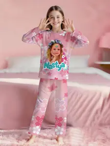 Cherry Blossom Like Nastya 2-piece girl's digital printed long-sleeved pajamas with extended sleep pants, made of flame-retardant fabric. A fashionable, trendy, casual, comfortable and soft pajama set, suitable for sleeping and home leisure. 100% polyeste