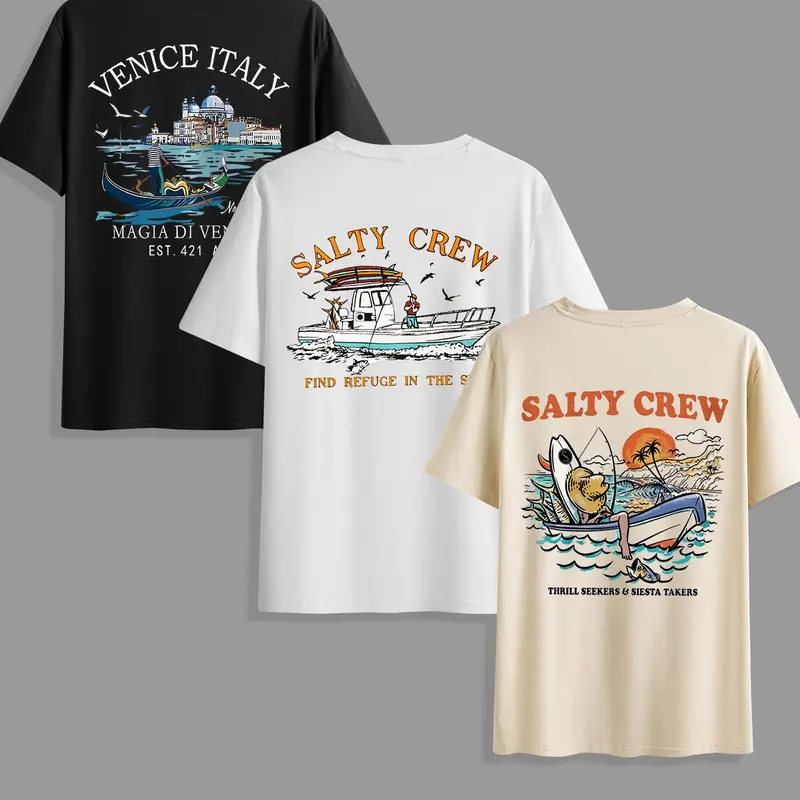 Men's Classic Casual Letter Graphic T-Shirt 3 Piece Set, Summer Round Neck Short Sleeve Comfortable Tops, Perfect for Outdoor Wear, Casual Letters Print, Casual T Shirts, Casual Summer Clothing, Casual Menswear