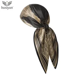 Retro Black & Gold Mulberry Silk Crepe Satin Headscarf with Geometric Print, Sun Protection, Multi-Purpose Women’s Scarf  long night scarf