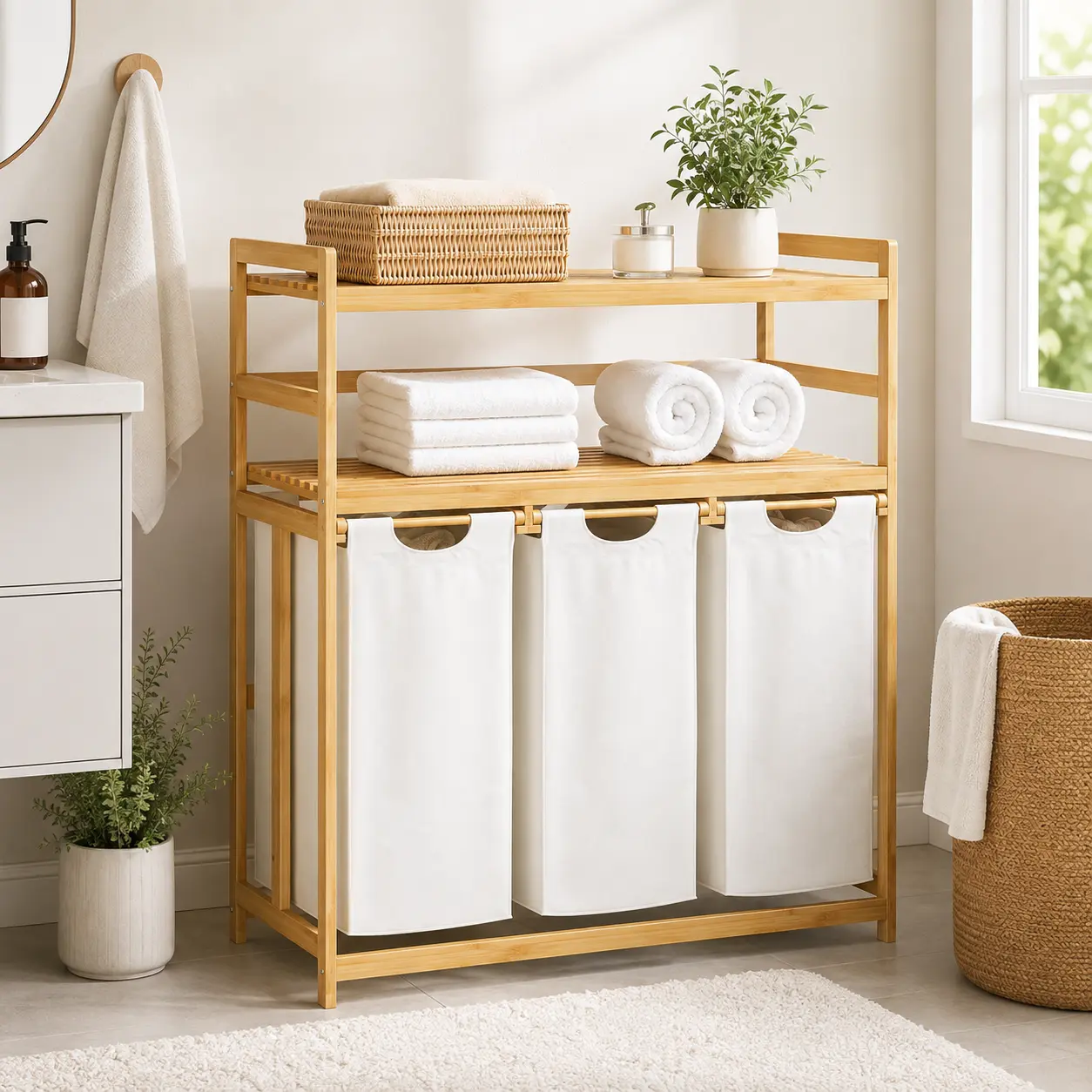 Single / Double Tier Laundry Hamper, 3 / 4 Section Large Bamboo Laundry Sorter with Removable Bags, Large Capacity, Efficient Clothing Storage, Perfect for Washing, Drying and Storage Organizer bathroom organizer