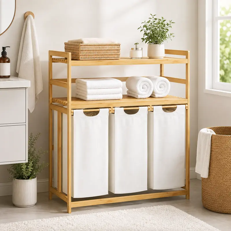 Single / Double Tier Laundry Hamper, 3 / 4 Section Large Bamboo Laundry Sorter with Removable Bags, Large Capacity, Efficient Clothing Storage, Perfect for Washing, Drying and Storage Organizer bathroom organizer