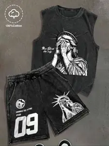 Men's Summer Cotton Set, New York Statue Print Sleeveless T-Shirt + Drawstring Shorts, Casual Streetwear, Outdoor Fashion 2-Piece Kit