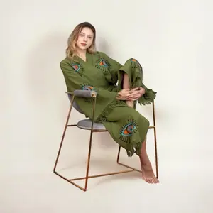 Evil Eye Whisper Olive Cotton Robe - 100% Organic Cotton, OEKO-TEX Standard 100 Certified, Lightweight, Quick Drying, Hand-Wood-Printed, Unisex, One Size Fits most