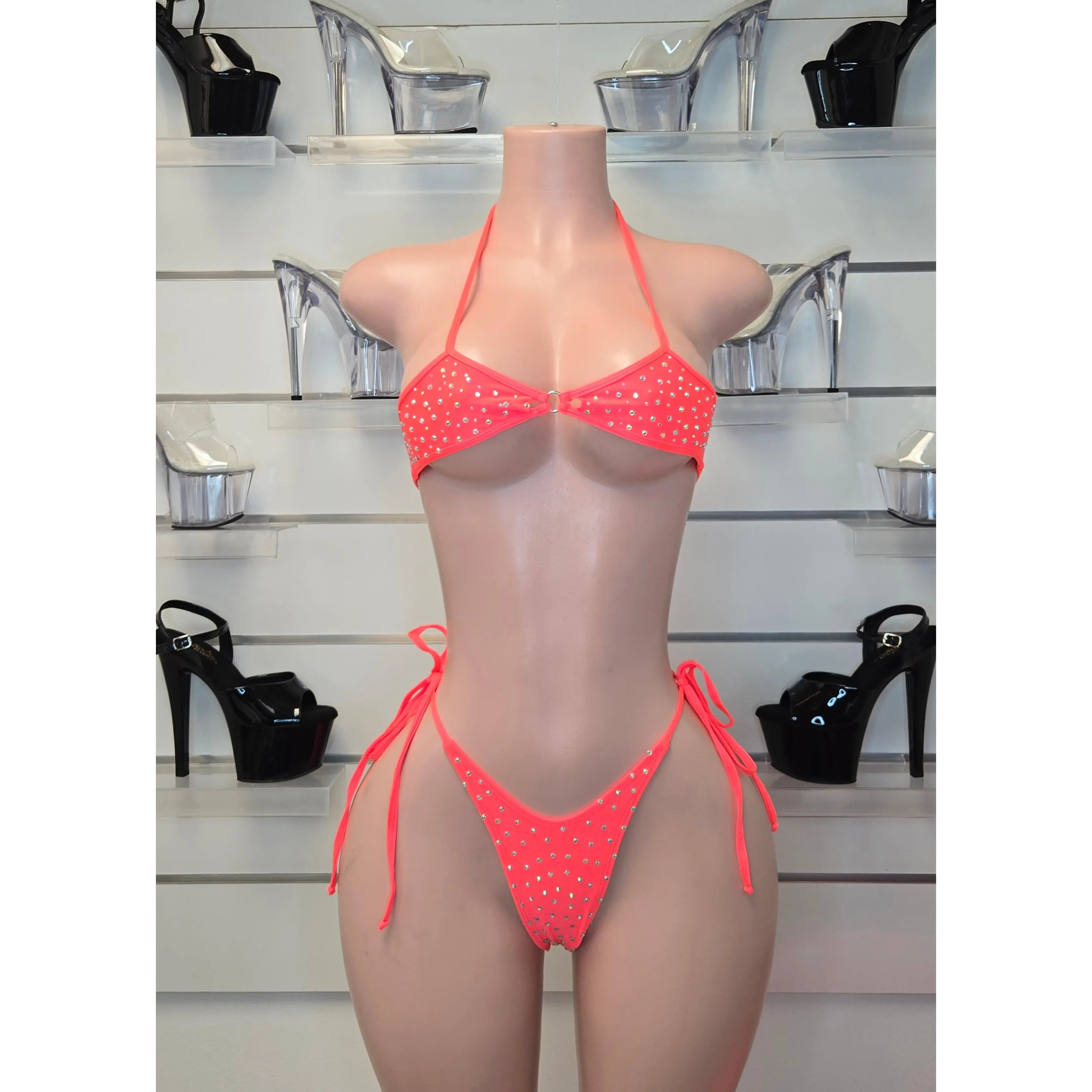 Women's Rhinestone Coral 2-Piece Bikini Set - Lycra Elastane Dancewear, Pole Dancing High-Waisted Stagewear, Triangular Top, Adjustable Strap, Crystal Stones