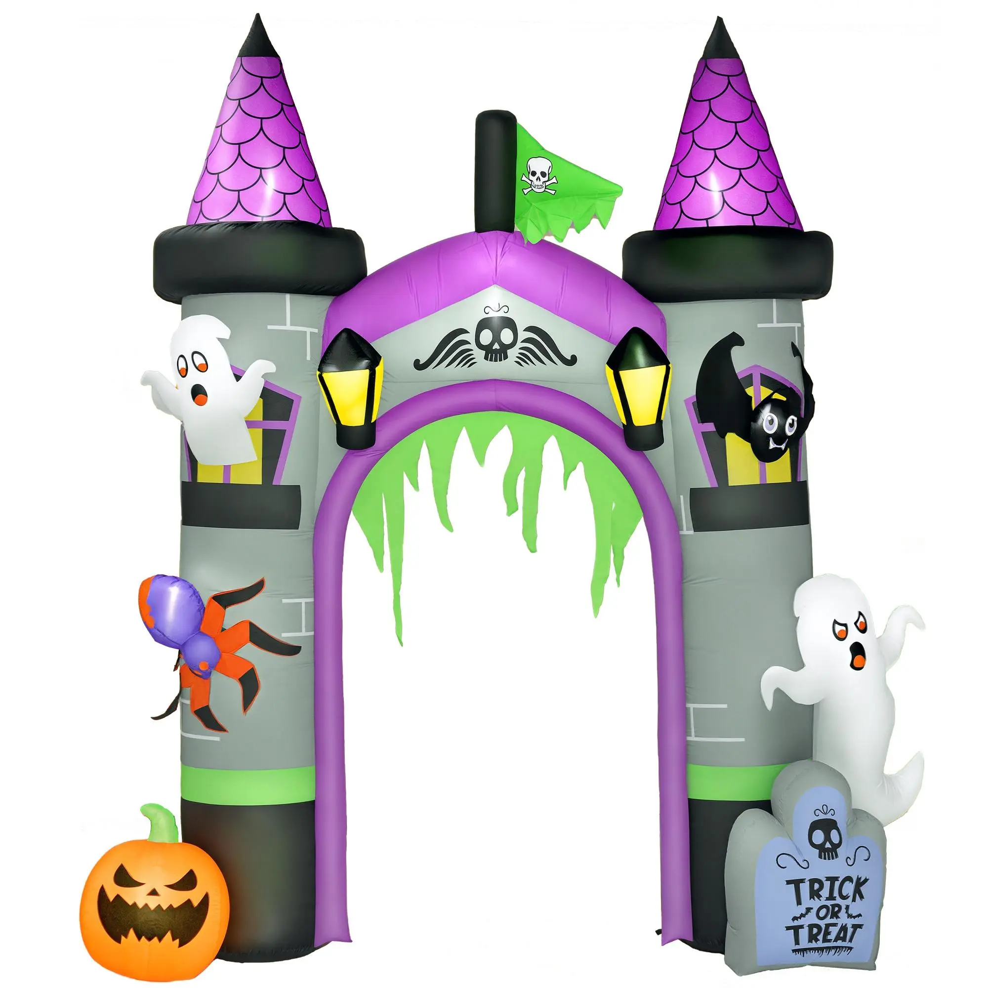 12FT Halloween Inflatable Archway Decoration with Built-In LEDs, Ghost Pumpkin Spider Bat Castle Design, Wind-Rain Resistant for Garden Lawn Party, Includes 8 Ground Stakes & 4 Drawstrings
