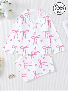 Cute Kids Fire-Resistant Pajama Set, Bow & Heart Print, Long Sleeve Button-Up Top, Elastic Pants, All Seasons Wearable Sleepwear, Snug Fit Pajamas