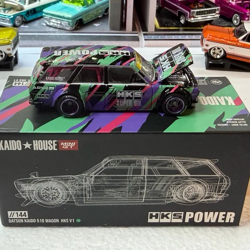 Mini GT x Kaido House Datsun 510 Wagon Diecast Model, Featuring HKS V1 "Oil Splash" Livery