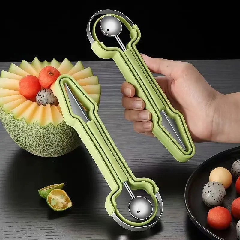 3-in-1 Kitchen Fruit Prep Tool Set, Stainless Steel Fruit Slicer, Melon Baller Scoop and Watermelon Cutter, Multifunctional Kitchen Utensils for Home Food Preparation quartering