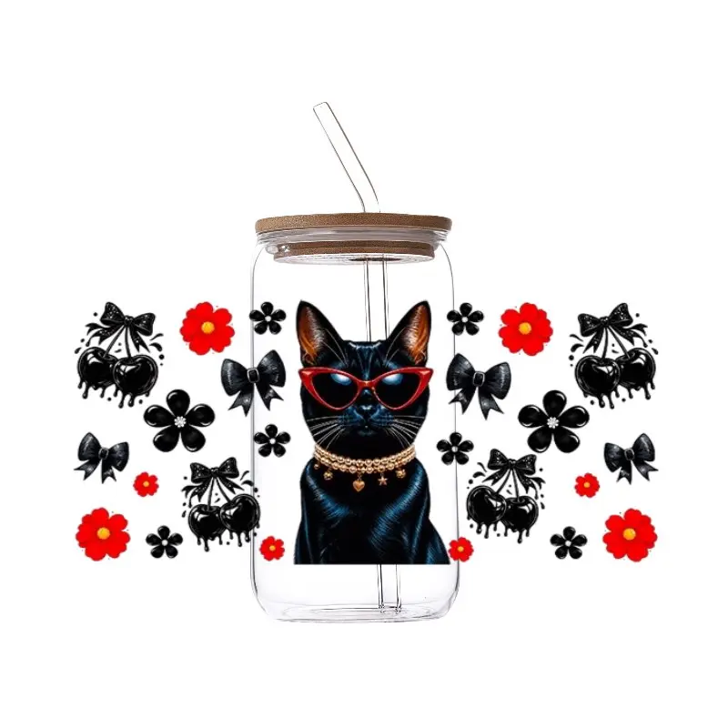 Cool Chic Animal UV DTF Cup Wraps, Cat Tiger Lion With Sunglasses Floral Bow Transfer Stickers, Waterproof Cold Apply Decals For 16oz Libbey Glass Tumbler