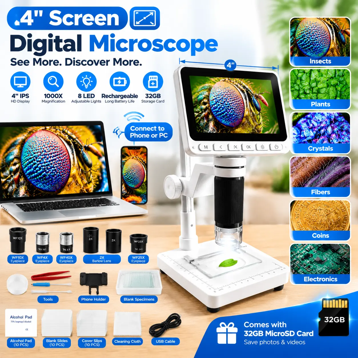 4" HD Digital Microscope, 1000X Magnification LCD Screen, Rechargeable Portable Microscope with Adjustable LED Light & 32GB microSD Card for Coins, Jewelry, Electronics, Precision Parts & Collectibles