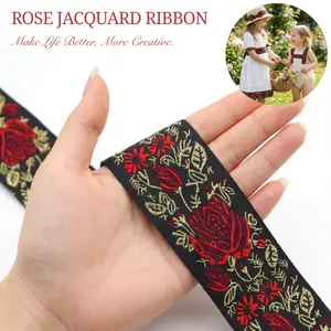 IDONGCAI Vintage Rose Jacquard Ribbon, 1.95-inch Wide, 5 Yards Black and Red Floral Embroidered Trim For DIY Crafts, Gift Wrapping, Floral Bouquets, Weddings, Cake Decoration, Sewing & Accessories