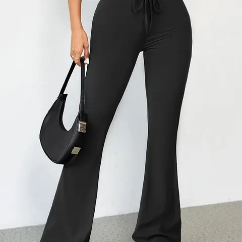 Women's Solid Tie Front High Waist Activewear Flare Leg Sports Leggings, Solid Flared Leggings, Casual Comfy Breathable Bell Bottom Trousers for Yoga Gym Workout Running, Ladies Sportswear for All Seasons, Exercise Clothing