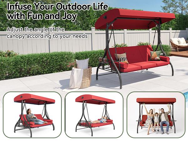 Aoxun 3-Seat Outdoor Swing Chair for Adults - Stable Steel Frame, Canopy, Cup Holder, 2-in-1 Convertible Porch Bed, Thick Cushions, 800lbs Load Glider Patio Swings (Gray, Blue), Porch Bed Swing