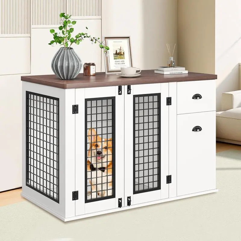 Garvee 44 In Heavy-Duty Wood Frame Dog Kennel Crate Furniture - Indoor Pet Cage with Storage Drawers, Cabinet, Side End Table for 26-50lbs Small to Medium Pets (White), Drawers For Storage