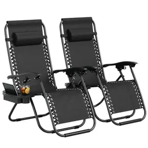 [FLASH SALE] Garvee Chair Set of 2, Outdoor Patio Lounge Chairs with Pillow & Cup Holder Tray, Adjustable Reclining Folding Chairs for Beach, Yard,Black