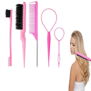 5Pcs Hair Brushes Set with 2Pcs Topsy Hair Tail Tools 1Pcs Bristle Teasing Hair Brush 1Pcs Edge Control Brush 2Pcs Metal Pin Rat Tail Combs for Woman Girl hair Styling,Edge&Back Brushing,Pink