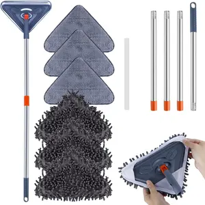 360° Rotatable Triangle Wall Mop with Extendable Stainless Steel Long Handle, Wet Dry Microfiber & Chenille Replacement Pads, Multi-purpose Ceiling Baseboard Window Floor Cleaner Mop for Home Bathroom Kitchen Dust Cleaning Tool