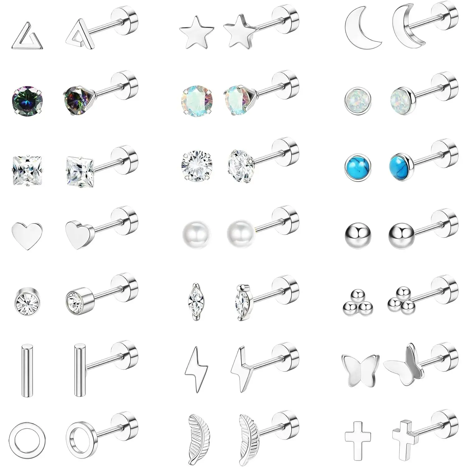 Milacolato 21-Pair Surgical Steel Flat Back Earrings, Hypoallergenic Studs for Women's Cartilage Piercings, Screw Back Earring Stack for Mother's Day, Hypoallergenic Jewelry, Everyday, Variety Shapes, Ear Stacking, Tarnish Free Earrings