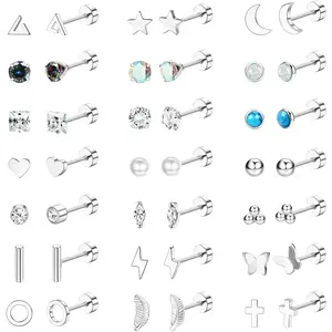 Milacolato 21-Pair Unisex Surgical Stainless Steel Flat Back Stud Earrings Set, Hypoallergenic St Stackable Variety-Set for Helix Cartilage Piercings, Small Screw Back Ear Studs