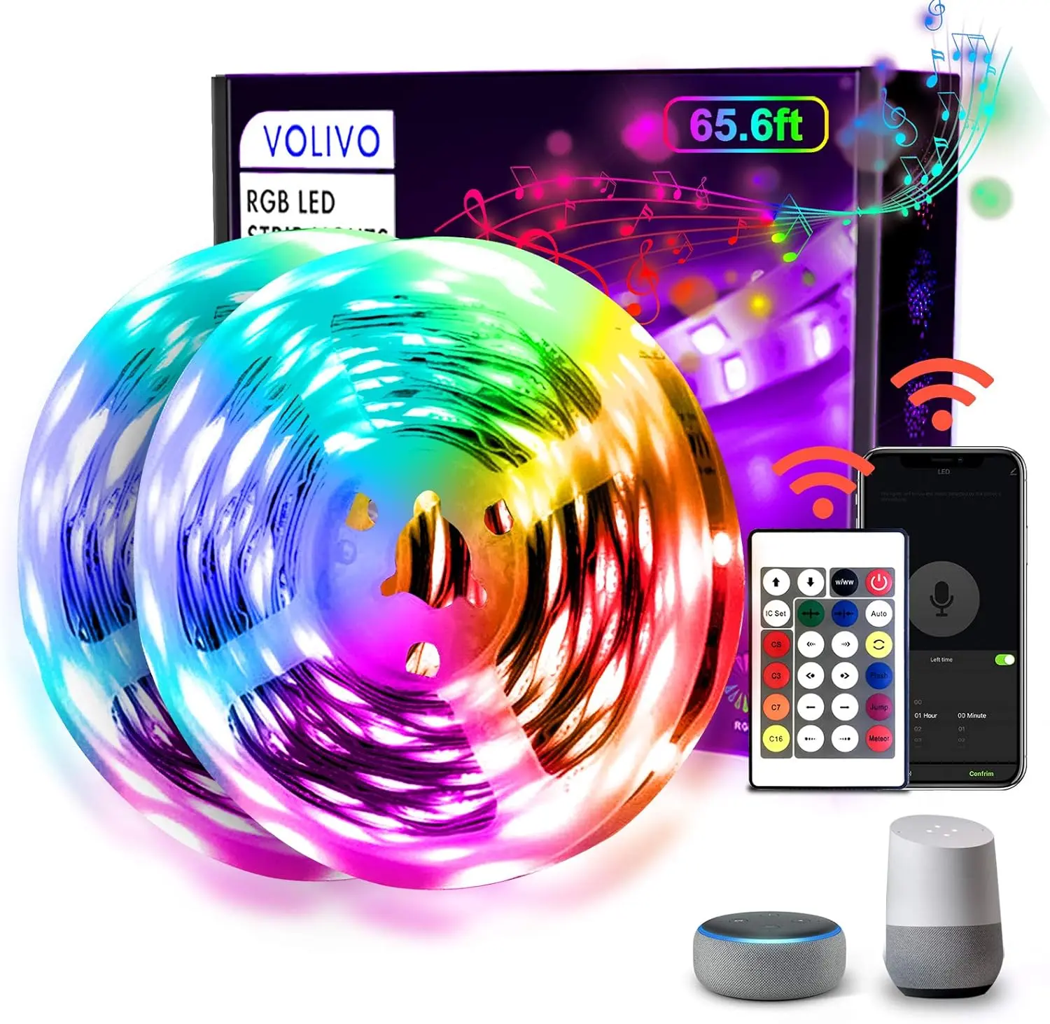 65.6FT Smart WiFi Neon Rope Lights - Alexa & Google Home Compatible, App/Remote/Voice Controlled, Music Sync, Dimmable Flexible Self-Adhesive Strip, 16M Colors, Sensory Lights for Decoration, Watch Party, Undercabinet Lighting Solutions, Led Strip Lights