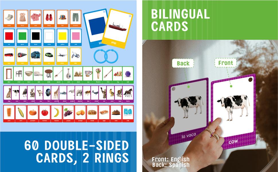 Mother's Day 60 English Spanish Flash Cards, Double-Sided Nouns Cards Bilingual Sight Words - Animals, Colors, Food, Vehicles Cards, Language Vocabulary Learning Tool for Beginners 5+ with 2 Reclosable Rings