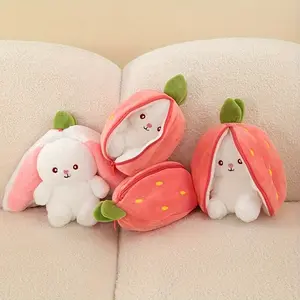 1pcs 28cm Strawberry Rabbit Transforming Plush Toy, Cute Soft Carrot Bunny Doll, No Zipper Stuffed Animal, Perfect Gift for Kids