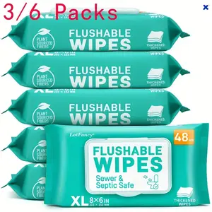 Large Flushable Wet Wipes, Alcohol-Free Plant Based, Septic Safe for Personal & Household Cleaning, 3/6 Packs Available
