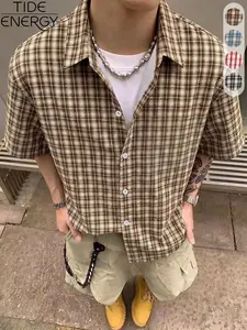 Men's Vintage Classic Plaid Checked Short Sleeve Shirt, Lightweight Breathable Casual Open Front Top, Multiple Colors Available, Urban Streetwear Style Y2K Retro Clean Fit Vibe