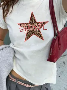 Stargirl Baby Tee Retro Leopard Print Shirt Y2K Graphic Tee Vintage Cowgirl Top Minimalist It Girl Babytee