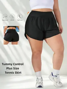 Black Solid Color Women's  Safety Panty Design, Anti-See-Through, Women's High-Waist Casual Skirt Stretchy Fitted Skirt Pants, Solid Color Versatile Skirt Pants, Plus Size Women'S Waist-Cinching Double-Slit Sports Skirt Pants summerwins