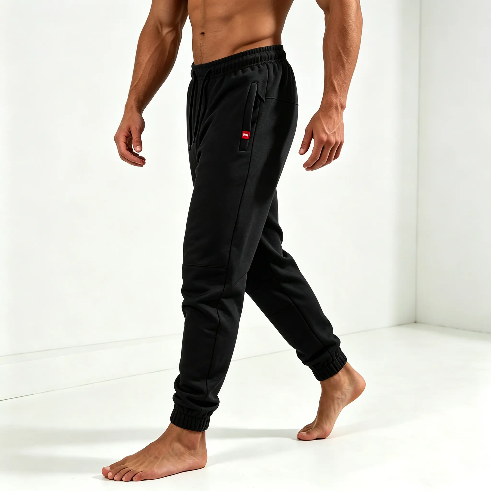 Men’s joggers with an elastic drawstring waist, cuffs at the legs, small red logo pockets on the sides—casual athletic long pants suitable for outdoor leisure and sports.