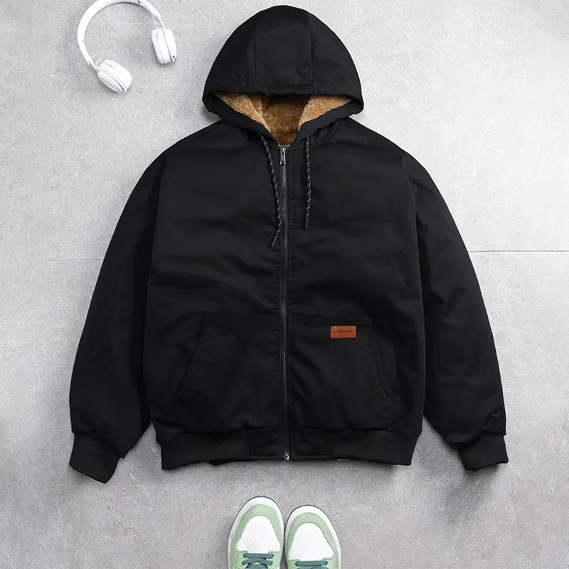 Men's fleece-lined zip-up hooded jacket with a vintage heavy-duty design, winter workwear outerwear
