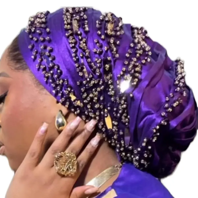 Sha's Luxury Pleat Turban with Crystal Embellishment Indian Silk Fabric Fashion Hair Scarves Floral Print Scarf Convenient & Breathable Accessory